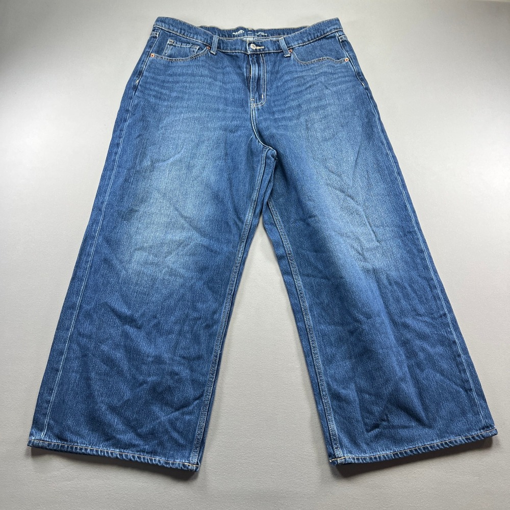 Old Navy Baggy Jeans Women 16 Petite Blue Drapey Denim Cotton Wide Leg High Rise